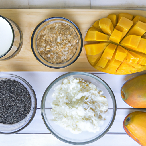 Ingredients for Coconut Mango Overnight Oats including rolled oats, chia seeds, coconut milk, Greek yogurt, honey, fresh mango, and shredded coconut