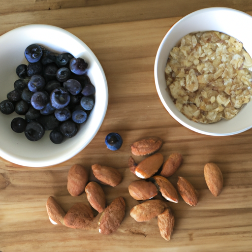 Ingredients for blueberry almond oatmeal including oats, blueberries, and almonds