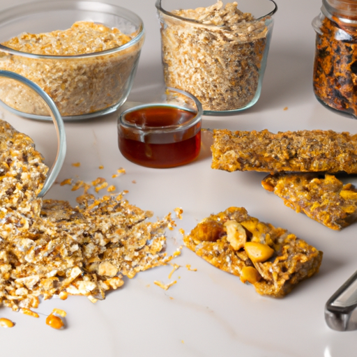 Ingredients for making honey nut granola oat bars laid out on a kitchen counter