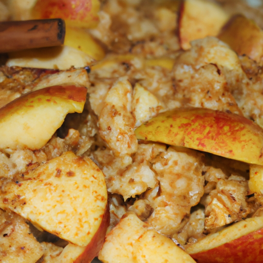 A close-up of a bowl of Maple Cinnamon Apple Oatmeal Bake, showcasing the chunks of fresh apples and cinnamon spices.