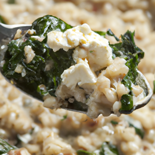 Close-up of a spoonful of savory oatmeal with spinach and feta cheese